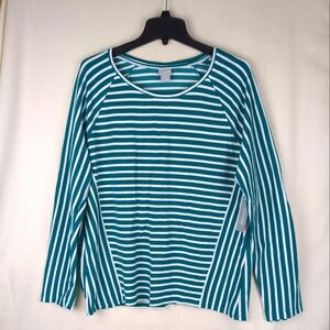 Chicos 2 (US Size L) White & Green Striped Top Women's Shirt Long Sleeve